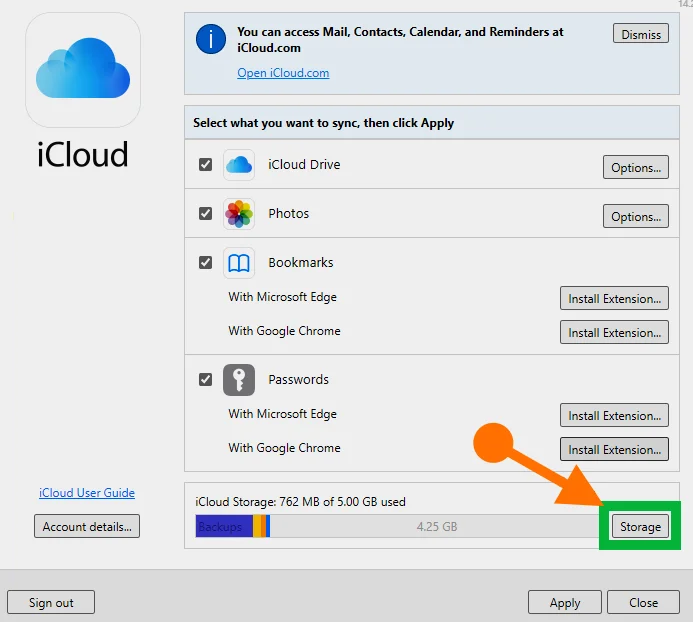 Contratar mais armazenamento do iCloud no Desktop Windows