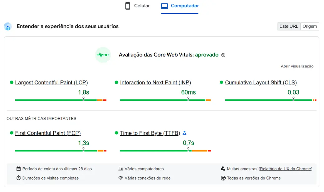 Desktop para encontrar a pontuação CLS