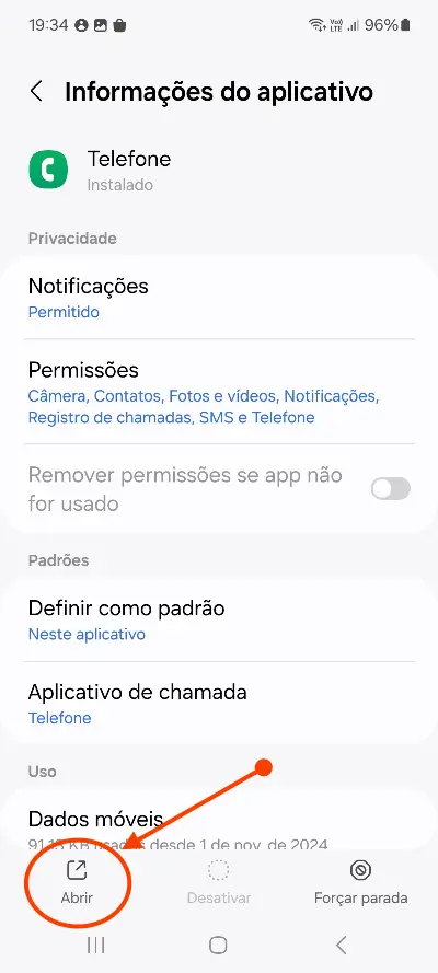 Informações do aplicativo Telefone