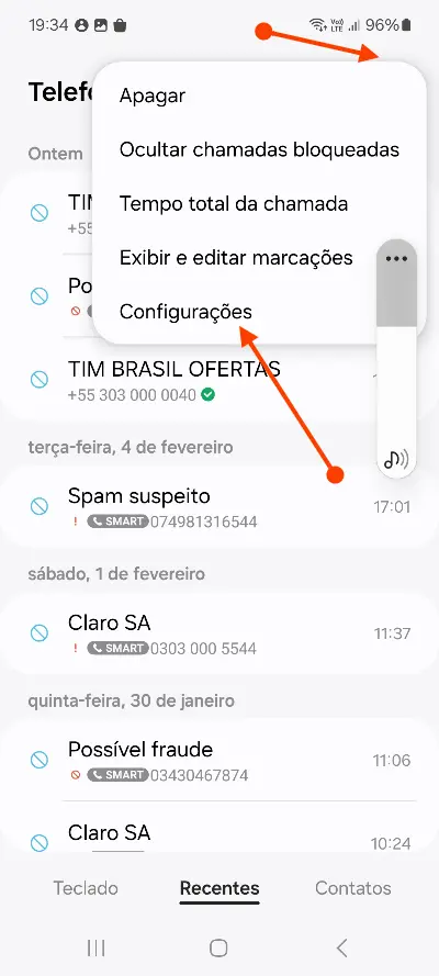 Configurações do App Telefone