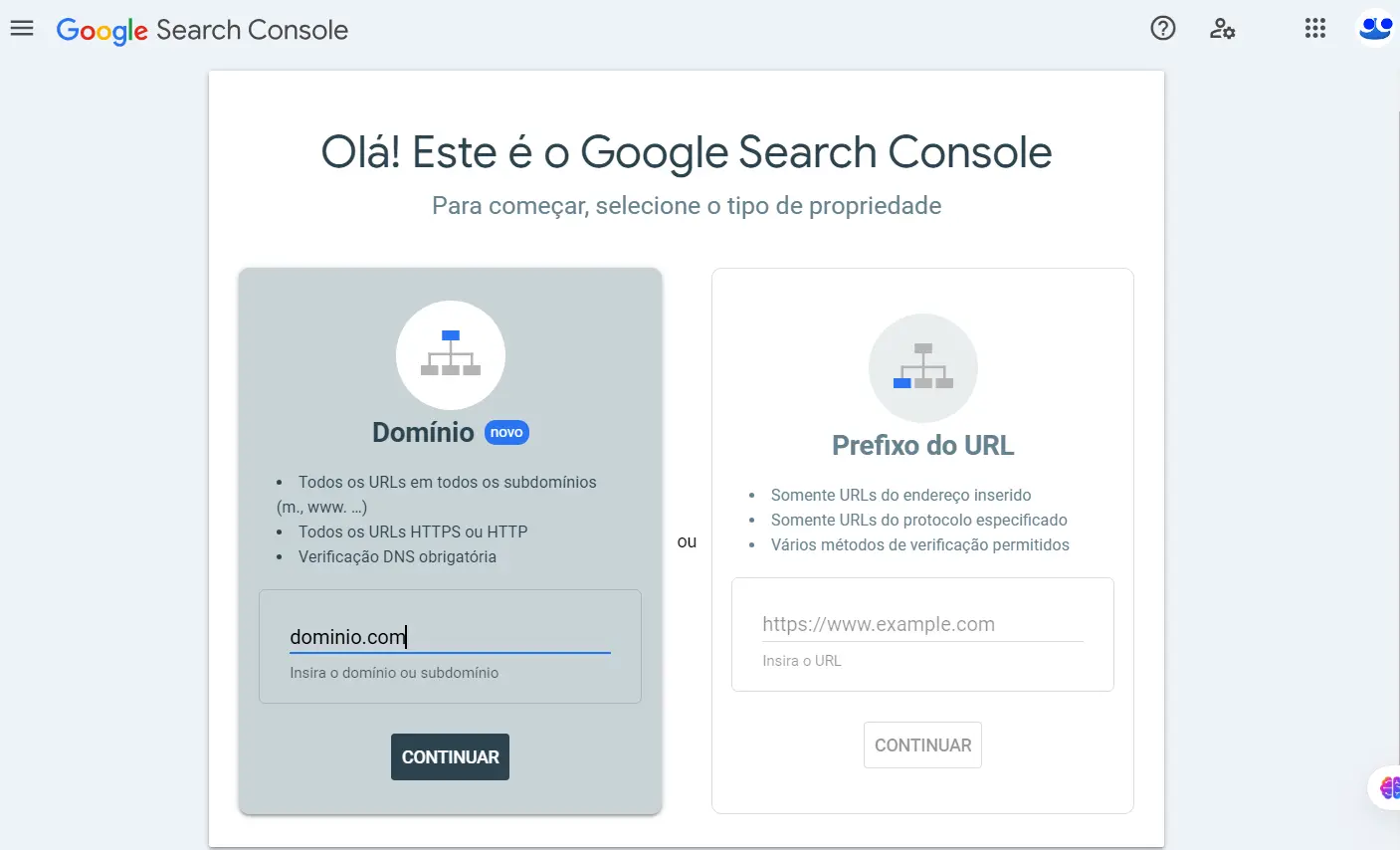 Adicionar seu site ao Google Search Console