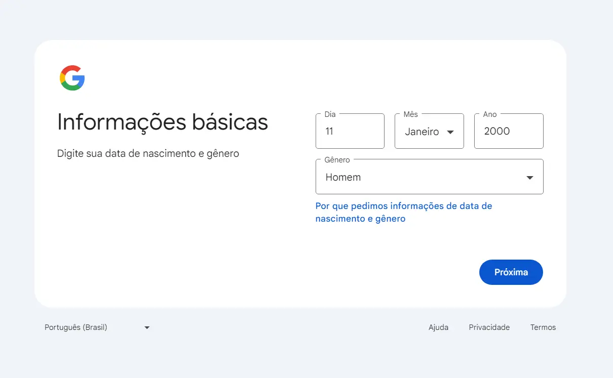 Informações básicas para criar uma conta no Google