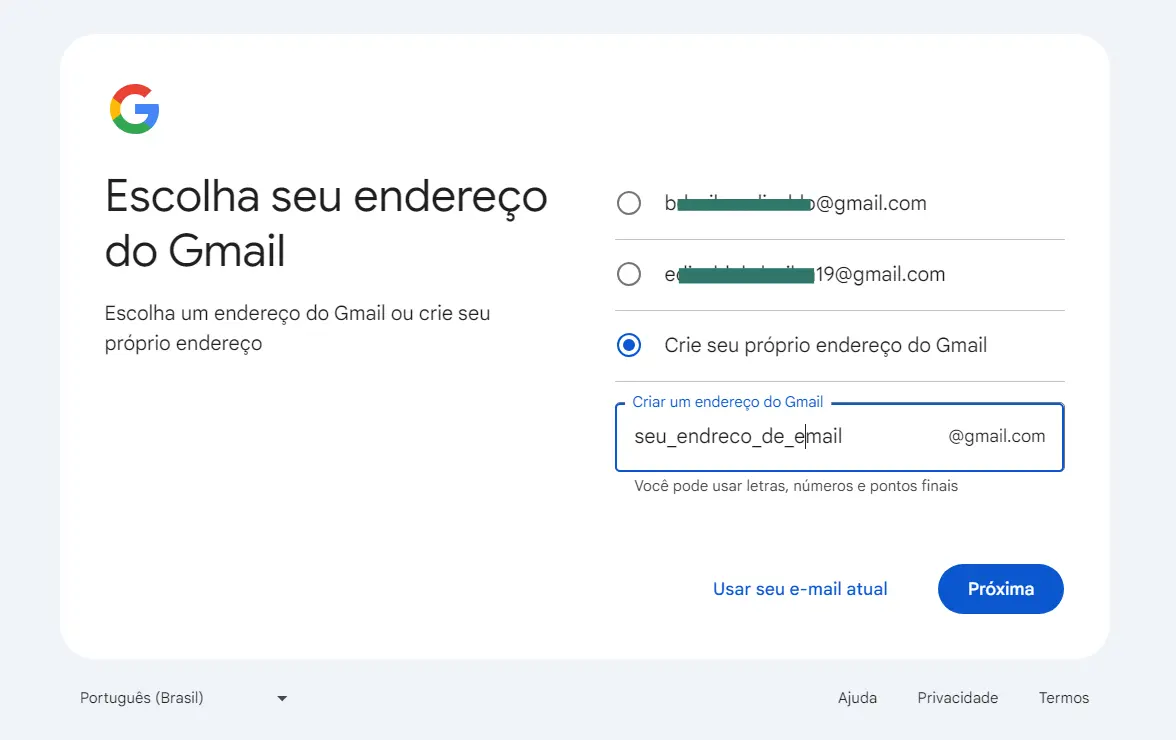 Escolha seu e-mail para sua conta no Google